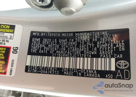 2018 Toyota Corolla Le from USA, damaged, VIN 2T1BURHE0JC117814